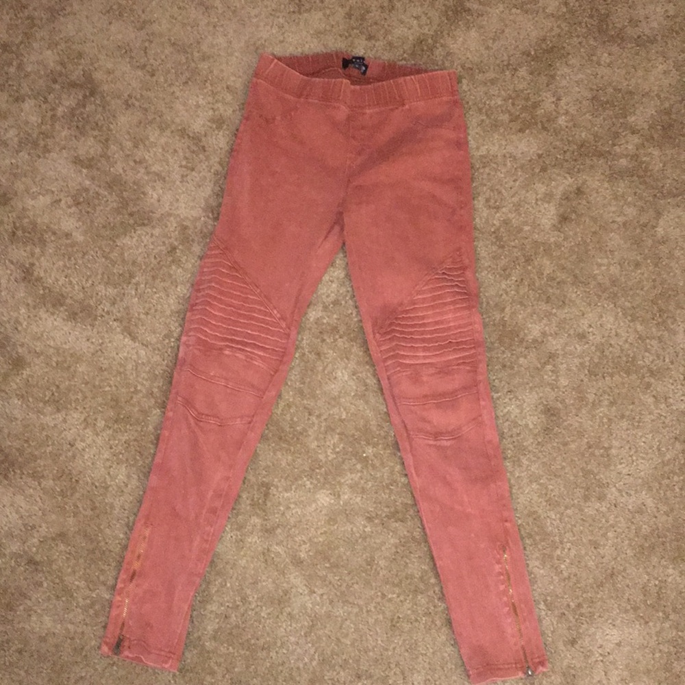 Dusty rose colored suede moto leggings